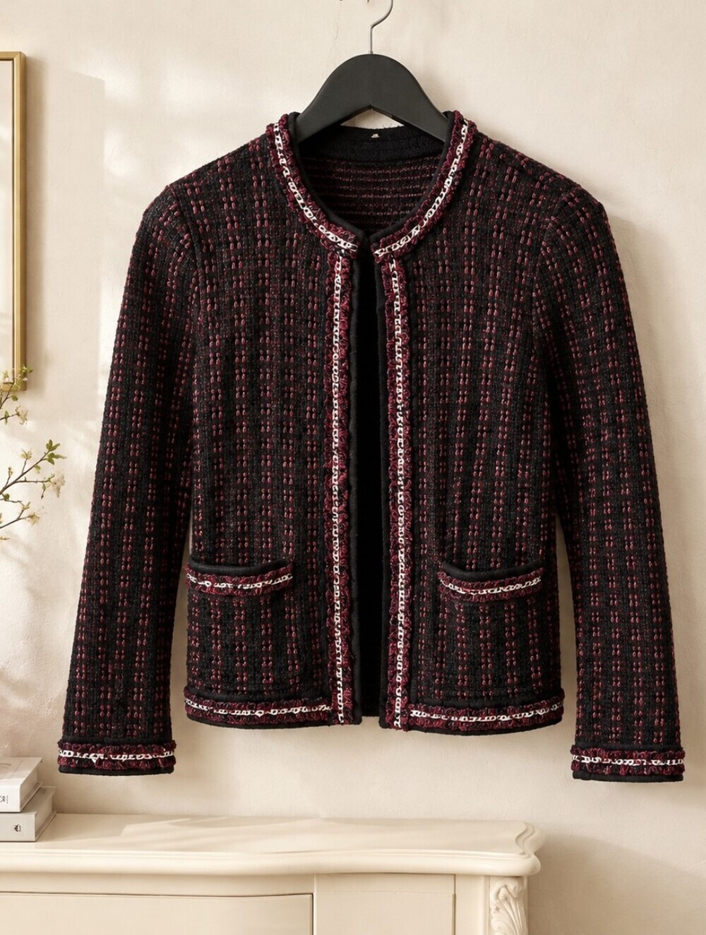 Alice + Olivia Tweed Knit Jacket Burgundy Black Fringe Trim Open Front Blazer